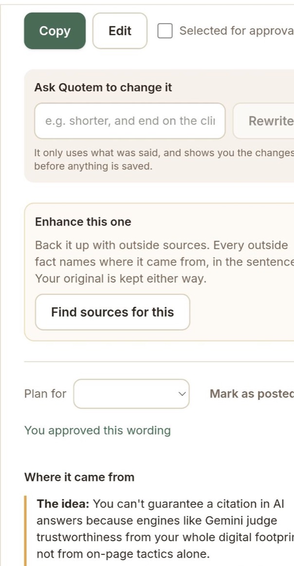 Quotem on a phone: the approved wording and where the idea came from in the recording